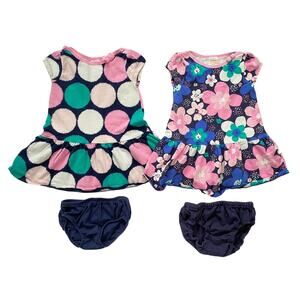 GYMBOREE Pink Blue Print Dress Set of 2 12-18 Months Floral Polka Dots